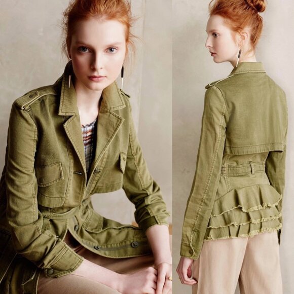 Anthropologie Hei Hei Green Cargo Utility Ruffle Back Tied Waist Jacket Small - Picture 1 of 13